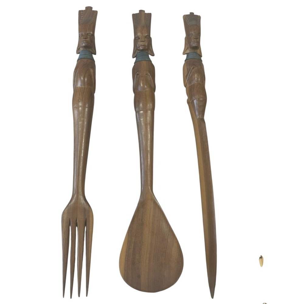 Hand Carved Wooden Utensil Set Tribal Figures Fork Spoon Pick brown  folk artsy